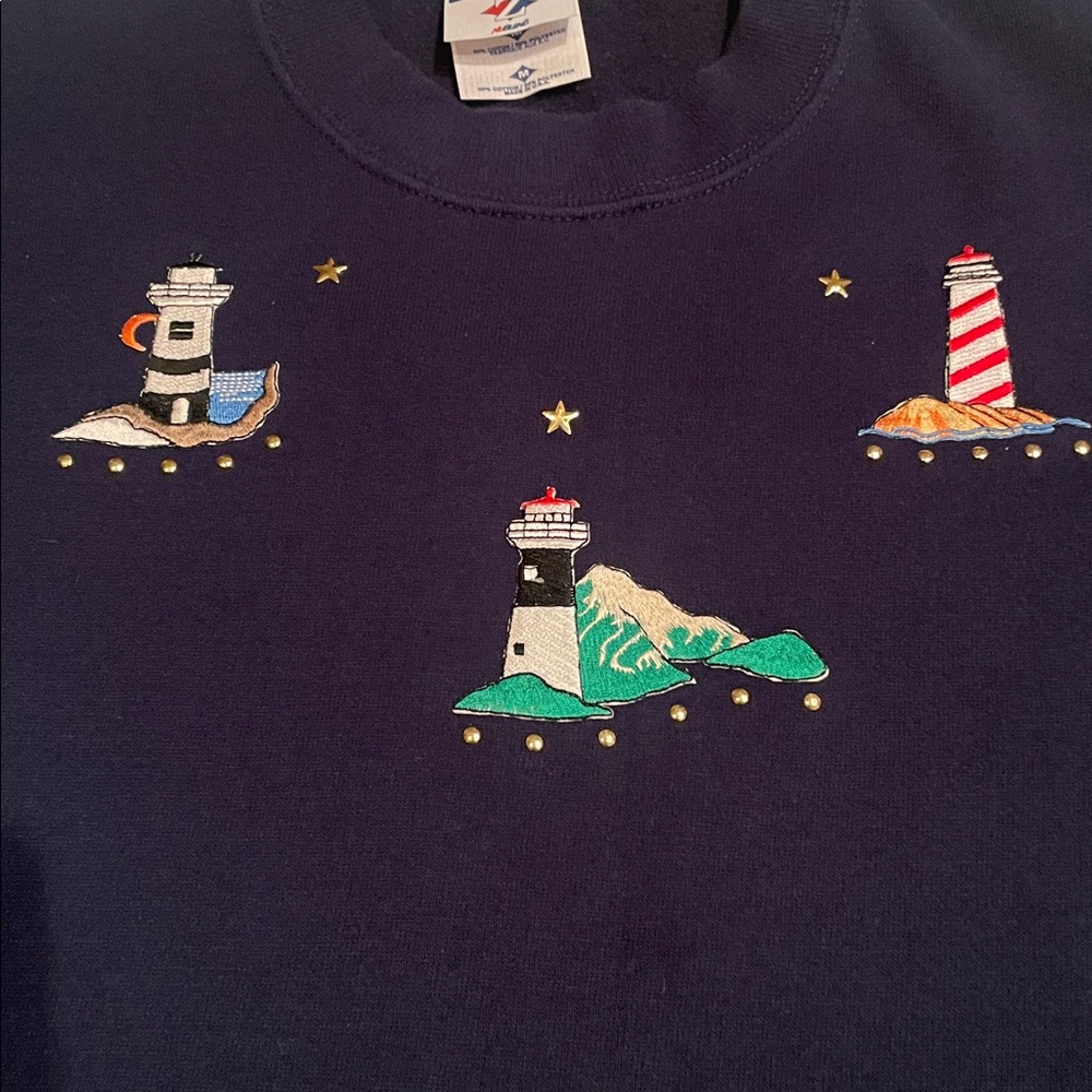 Vintage Jerzees Lighthouse Sweatshirt Navy Embroidered Crewneck Coastal Grandma - Picture 5 of 12